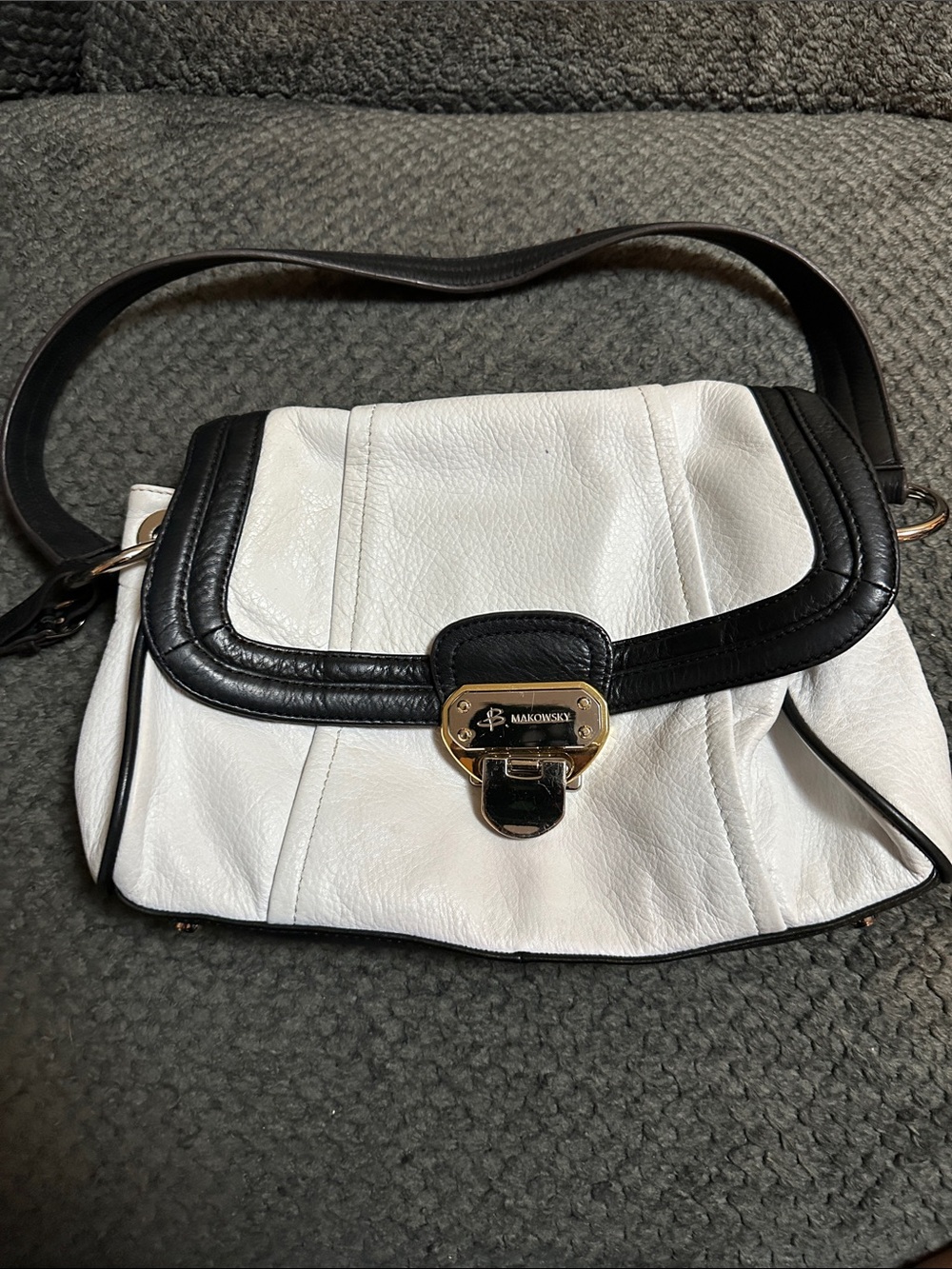 b. makowsky White and Black Leather Shoulder Bag with Gold Hardware
